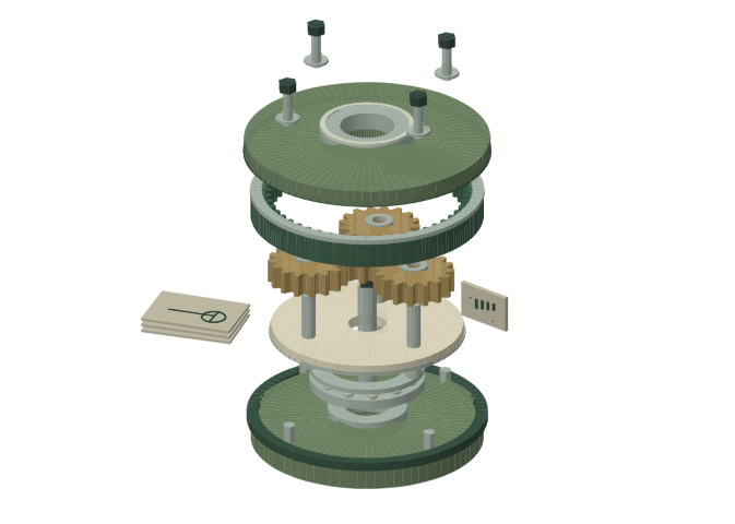 Exploded technical illustration of a gearbox with gears, housing, bearings, fasteners, nameplate and drawings.